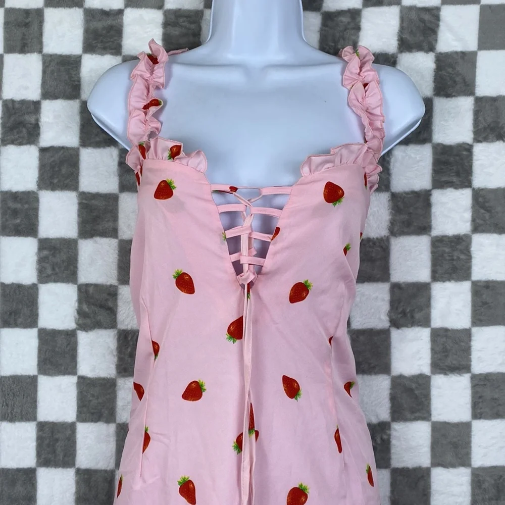 Baby Girl dresses pink strawberry blue floral with cute back tie 1xl 2xl Curve - Picture 8 of 10